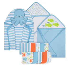 13-Piece Boys Terry Hooded Bath Wrap, Hooded Towels and Washcloth Set - Ocean