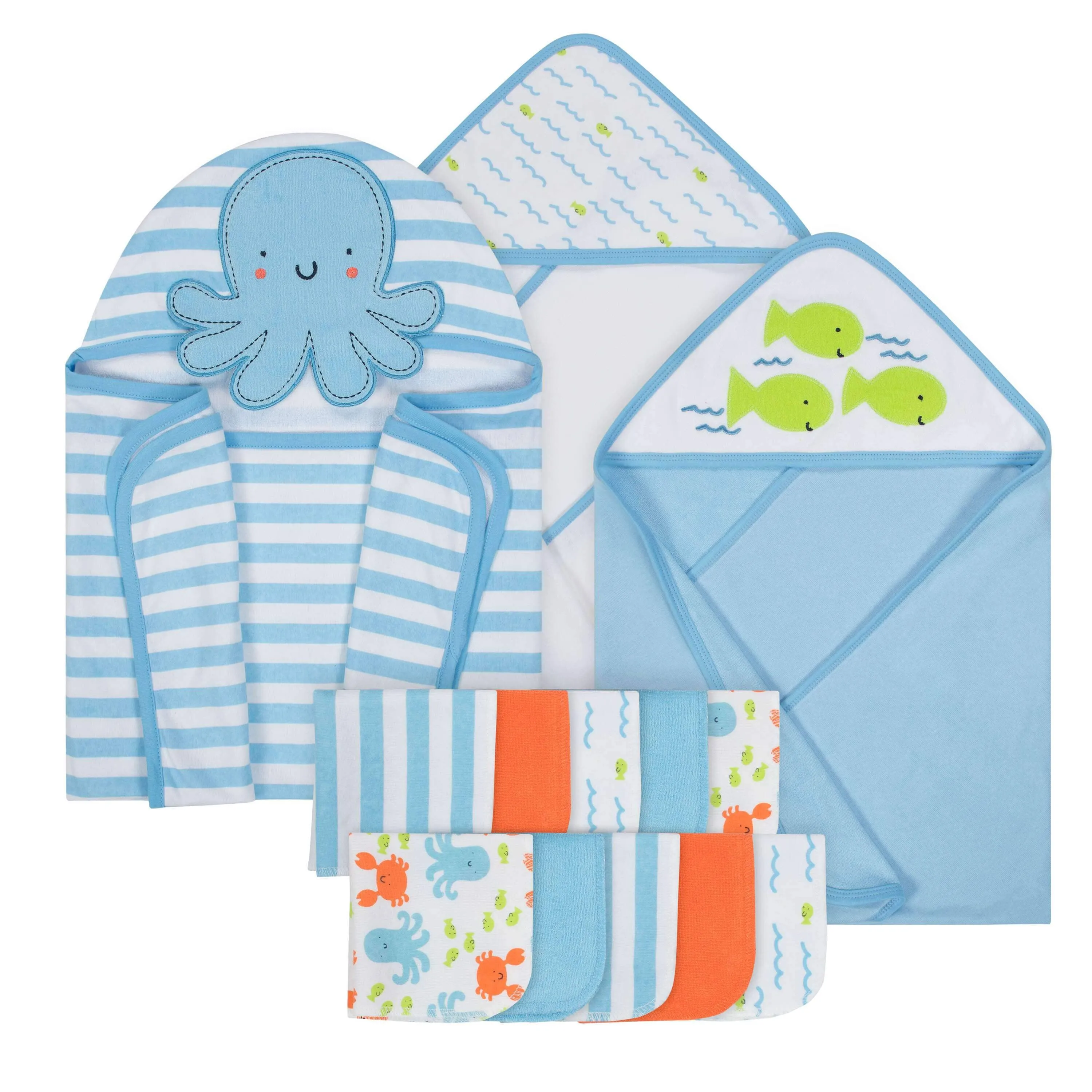13-Piece Boys Terry Hooded Bath Wrap, Hooded Towels and Washcloth Set - Ocean