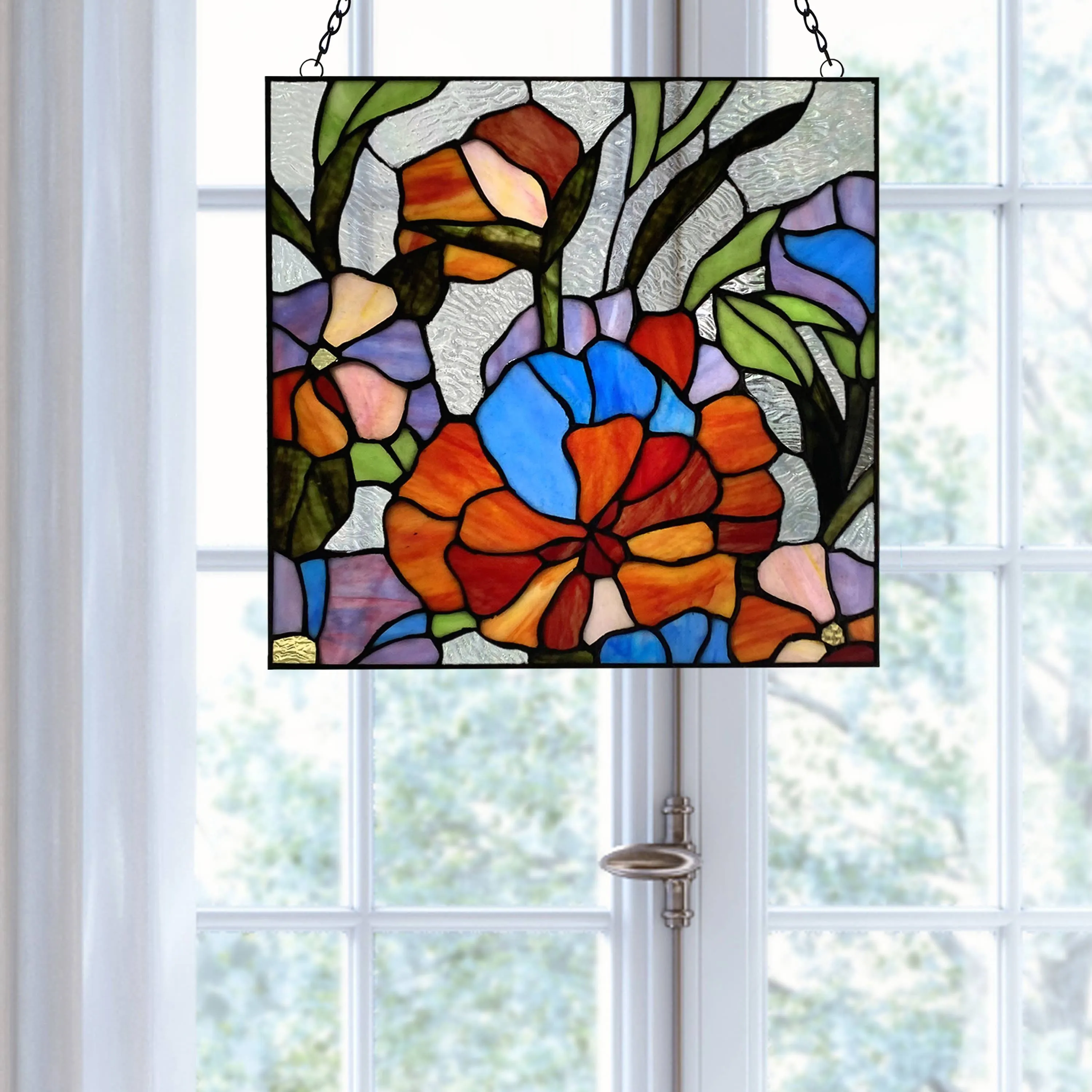 14"H Red Flower Garden Stained Glass Window Panel