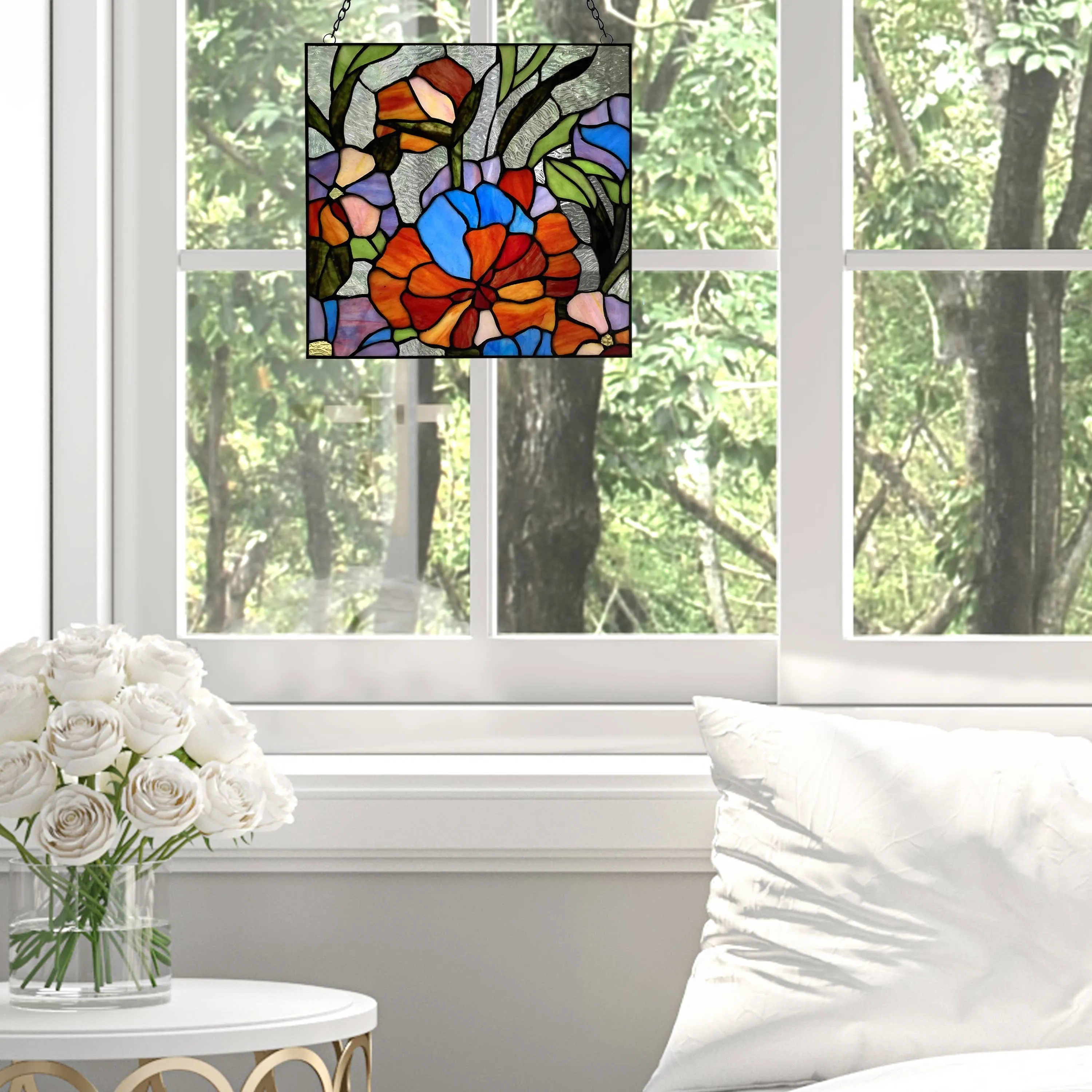 14"H Red Flower Garden Stained Glass Window Panel