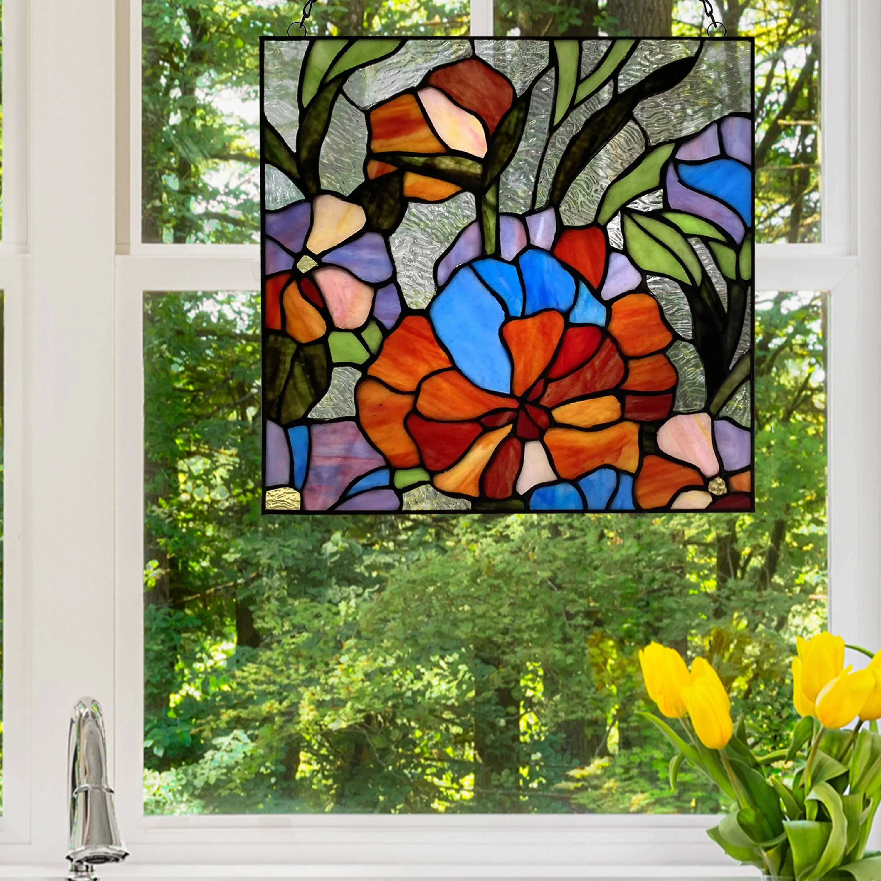 14"H Red Flower Garden Stained Glass Window Panel