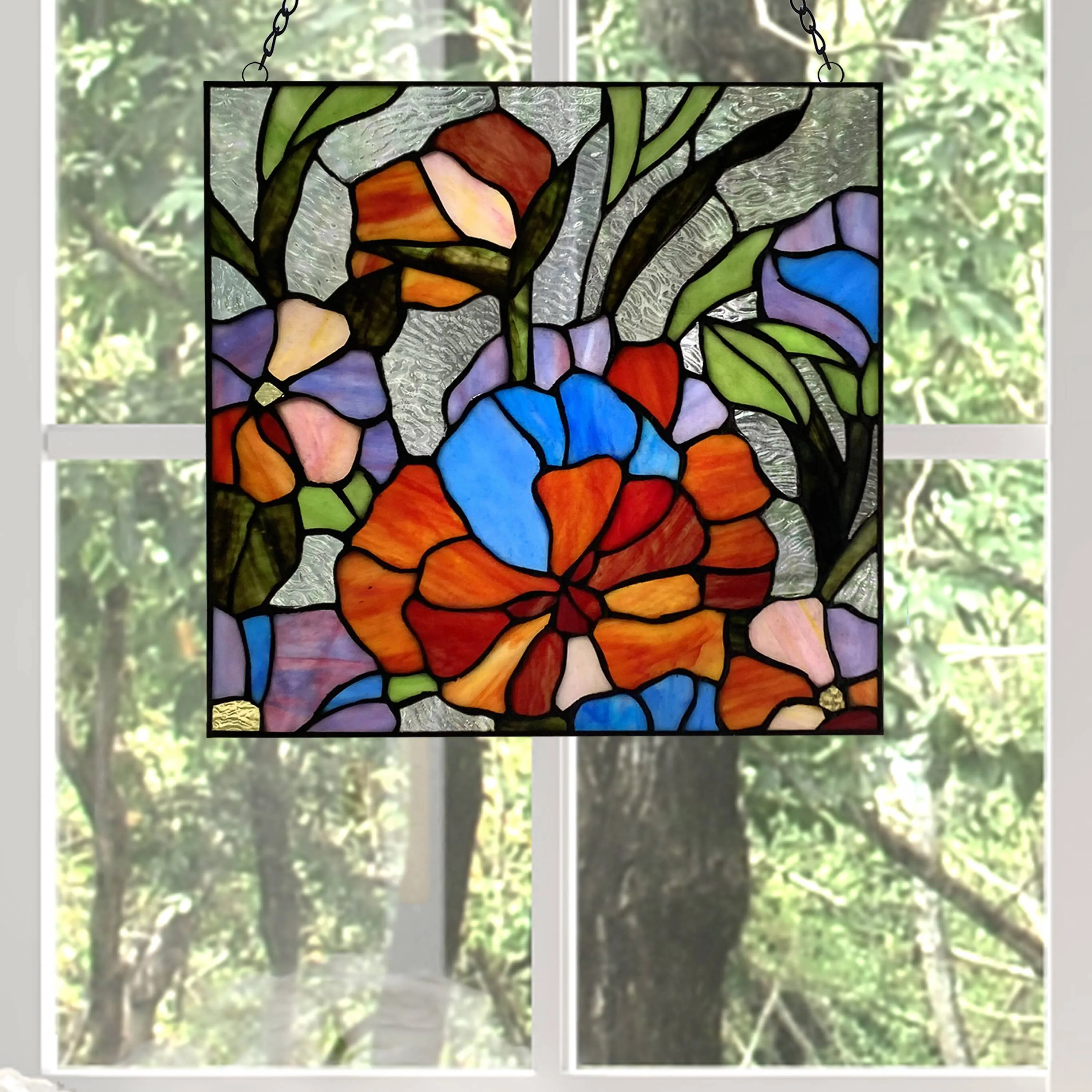 14"H Red Flower Garden Stained Glass Window Panel