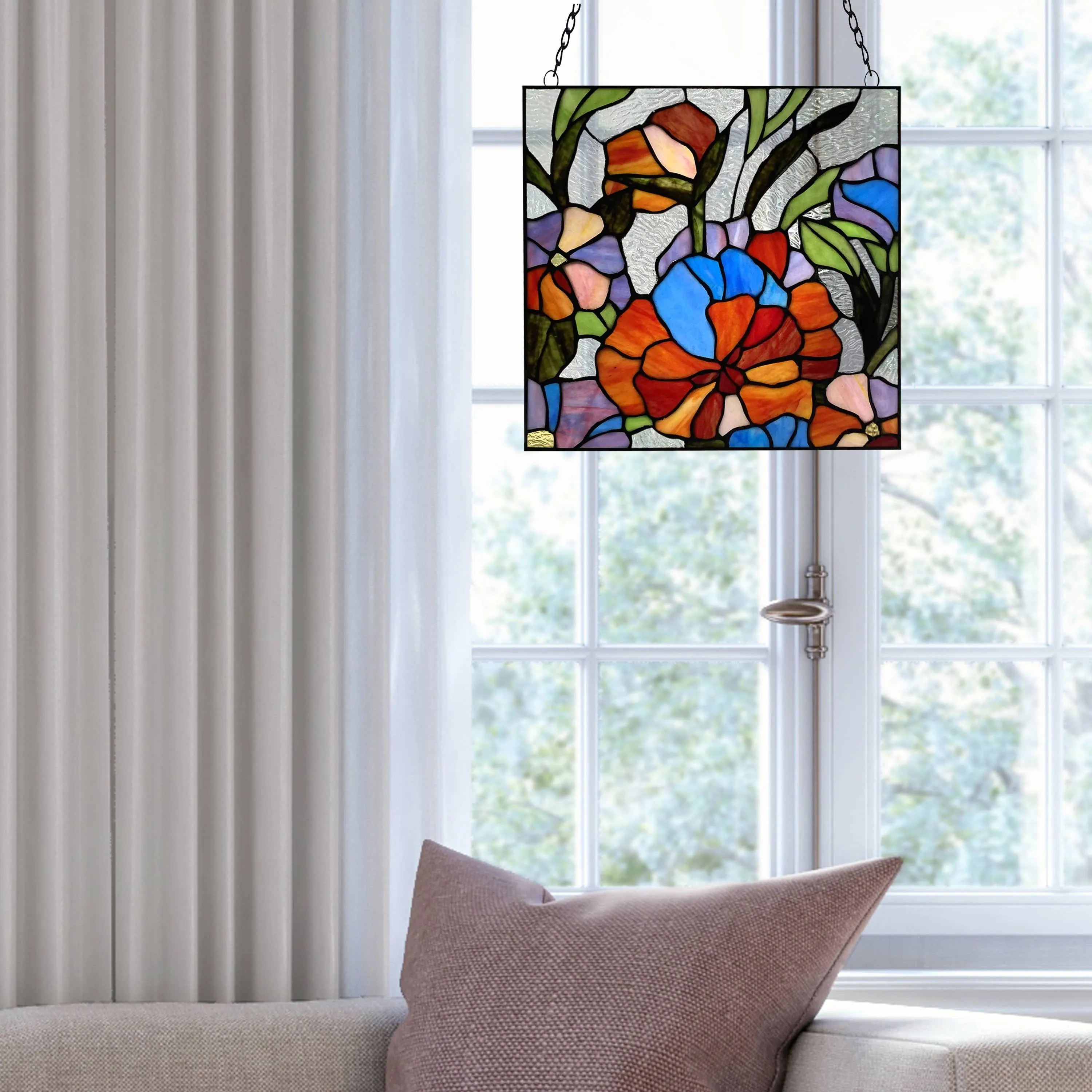 14"H Red Flower Garden Stained Glass Window Panel