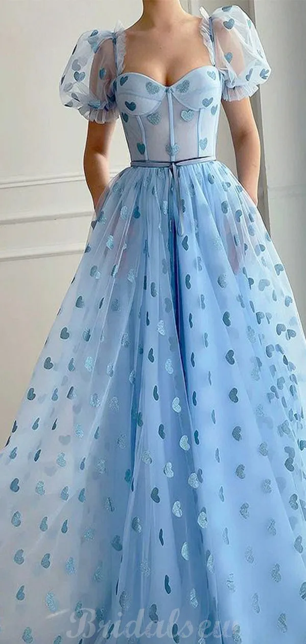 A-line Blue Unique Long Party Prom Dresses Online PD091