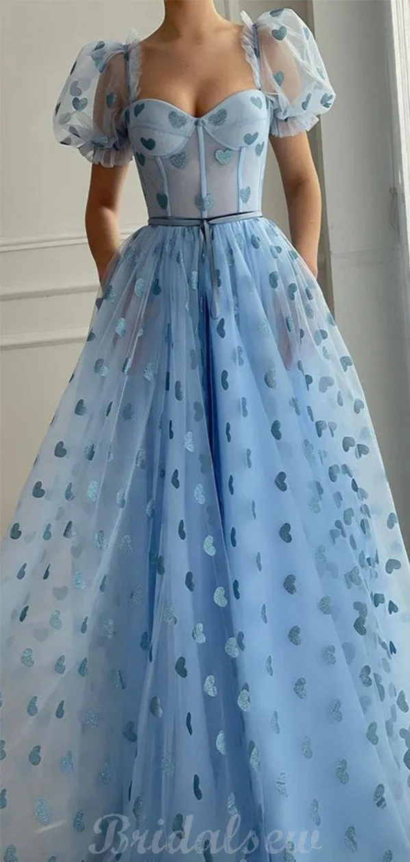 A-line Blue Unique Long Party Prom Dresses Online PD091
