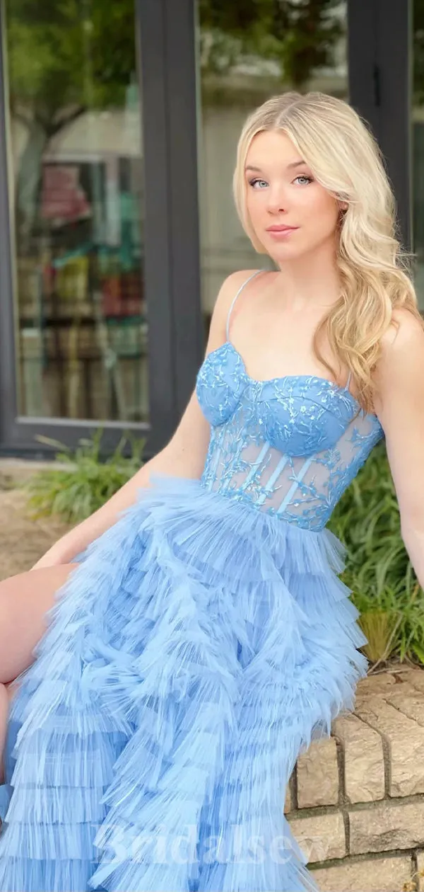 A-line Blue Unique Stylish Spaghetti Straps Long Women Evening Prom Dresses PD850
