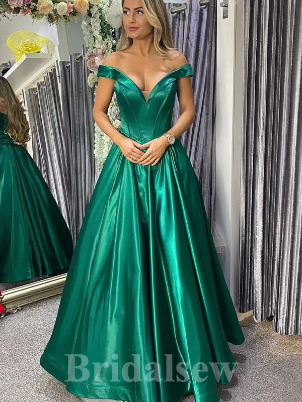 A-line Green Satin Off the Shoulder Stylish Elegant Long Women Evening Prom Dresses PD873