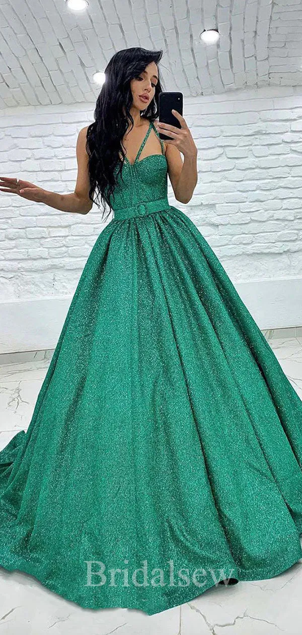 A-line Green Sequin Sparkly Black Girls Slay Modest Women Long Evening Prom Dresses PD582