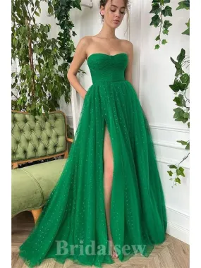 A-line Green Tulle Modest Elegant Strapless Popular Long Party Evening Prom Dresses PD1279