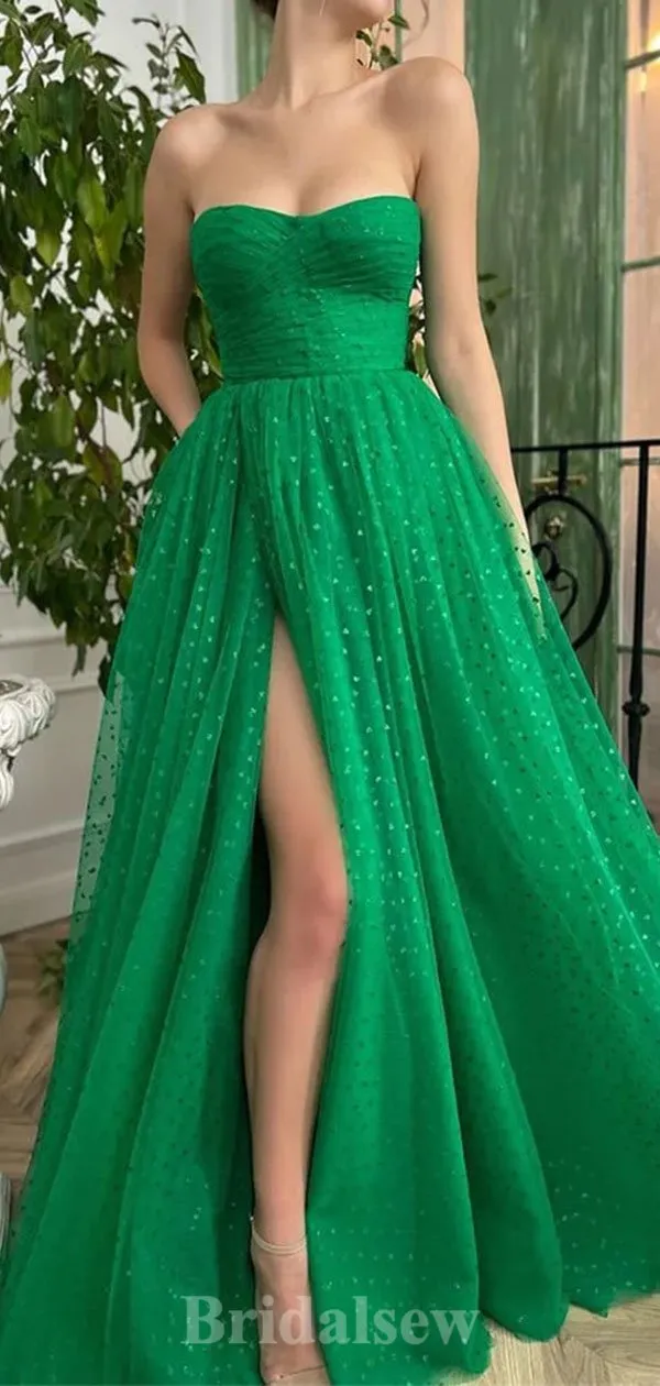 A-line Green Tulle Modest Elegant Strapless Popular Long Party Evening Prom Dresses PD1279