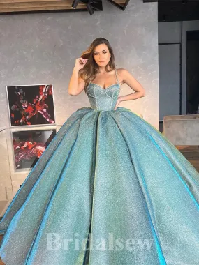 A-line New Long Spaghetti Straps Sequin Sparkly Glitter Party Prom Dresses, Ball Gown PD1179