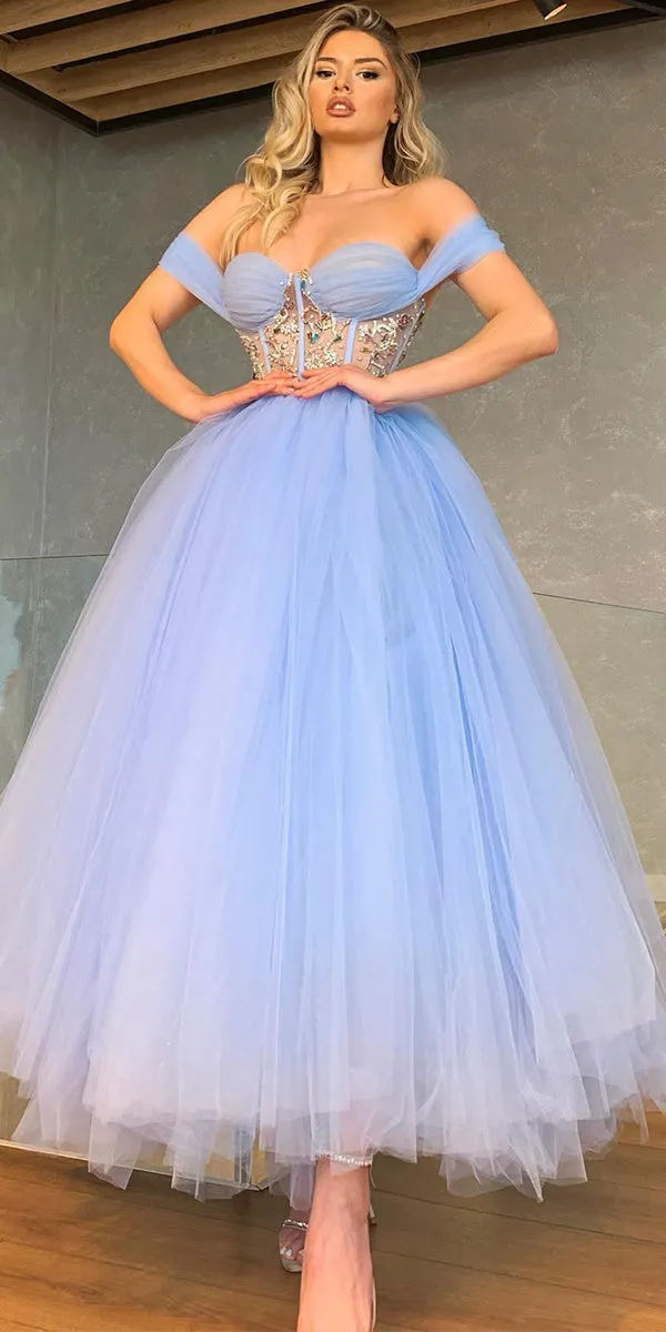 A-line Off Shoulder Blue New Modest Princess Custom Party Prom Dresses PD1185