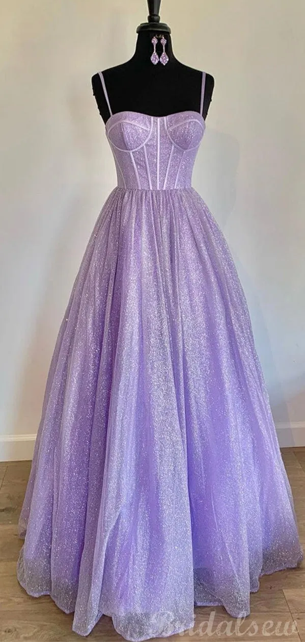 A-line Purple Sparkly Sequin Tulle Long Prom Dresses, Formal Evening Dresses PD265