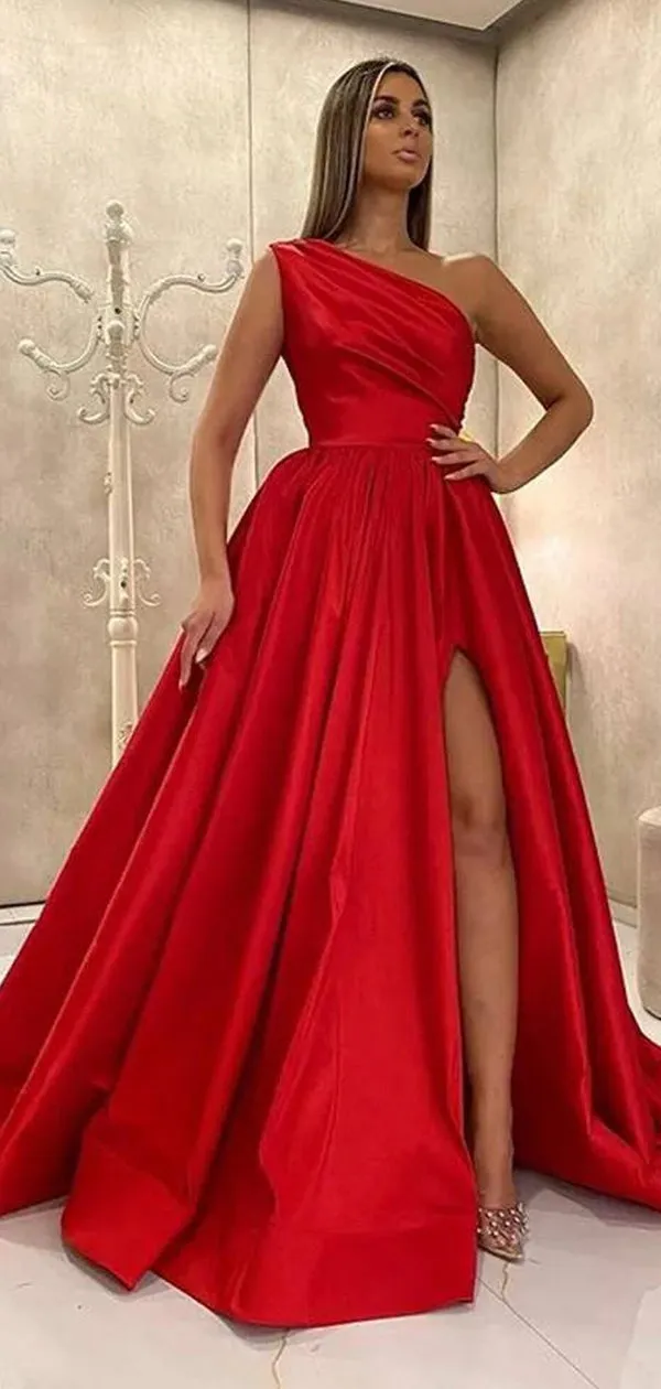 A-line Red One Shoulder Elegant Fashion Formal Long Evening Prom Dresses PD279