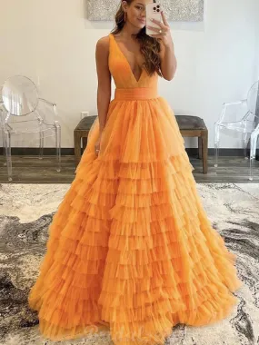 A-line Tulle V-neck Orange Elegant Fashion Long Prom Dresses, Evening Dress PD430