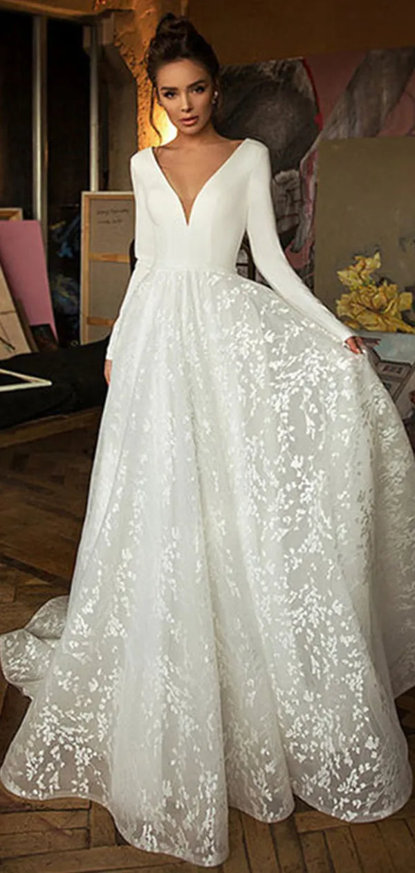 A-line V-Neck Long SleevesVintage Elegant Wedding Dresses WD035