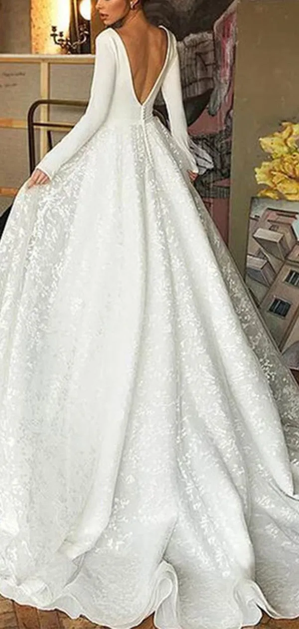 A-line V-Neck Long SleevesVintage Elegant Wedding Dresses WD035