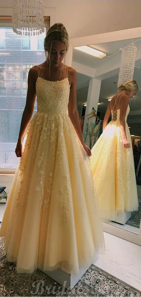 A-line Yellow Lace Spaghetti Straps Modest Long Prom Dresses PD066