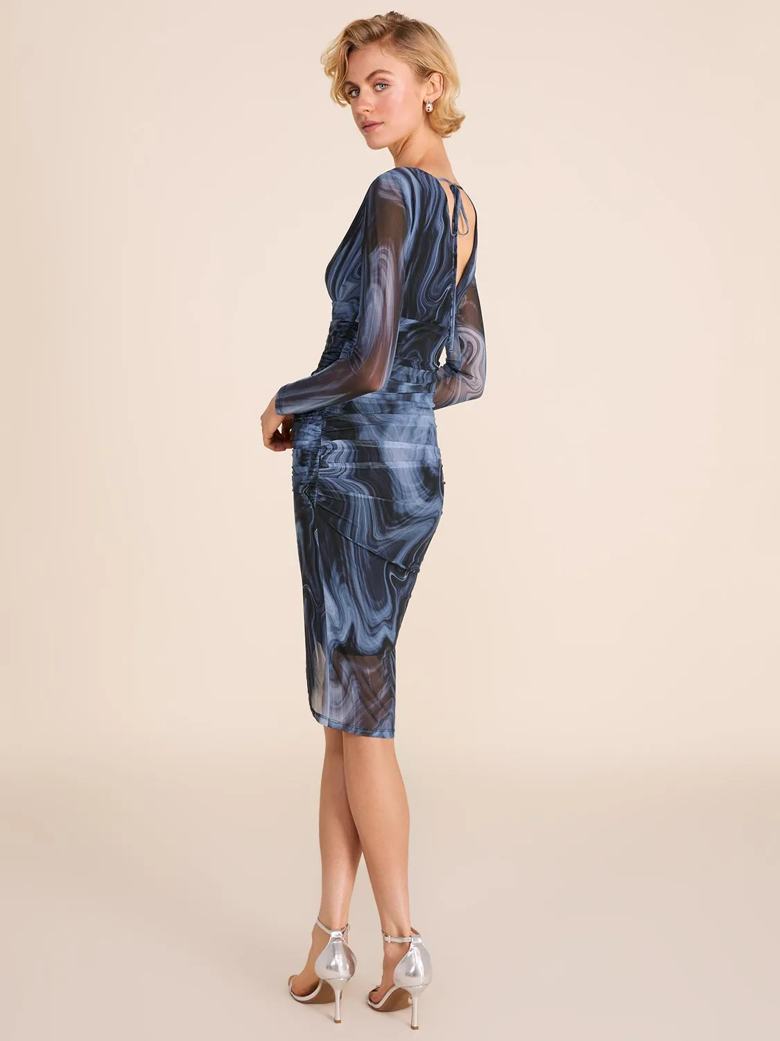 Abstract Print V-Neck Fitted Mesh Knee Length Dress