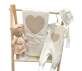 Adorable Heart-Themed Baby Gift Set - Footie, Blanket, Bonnet & Plush Bear