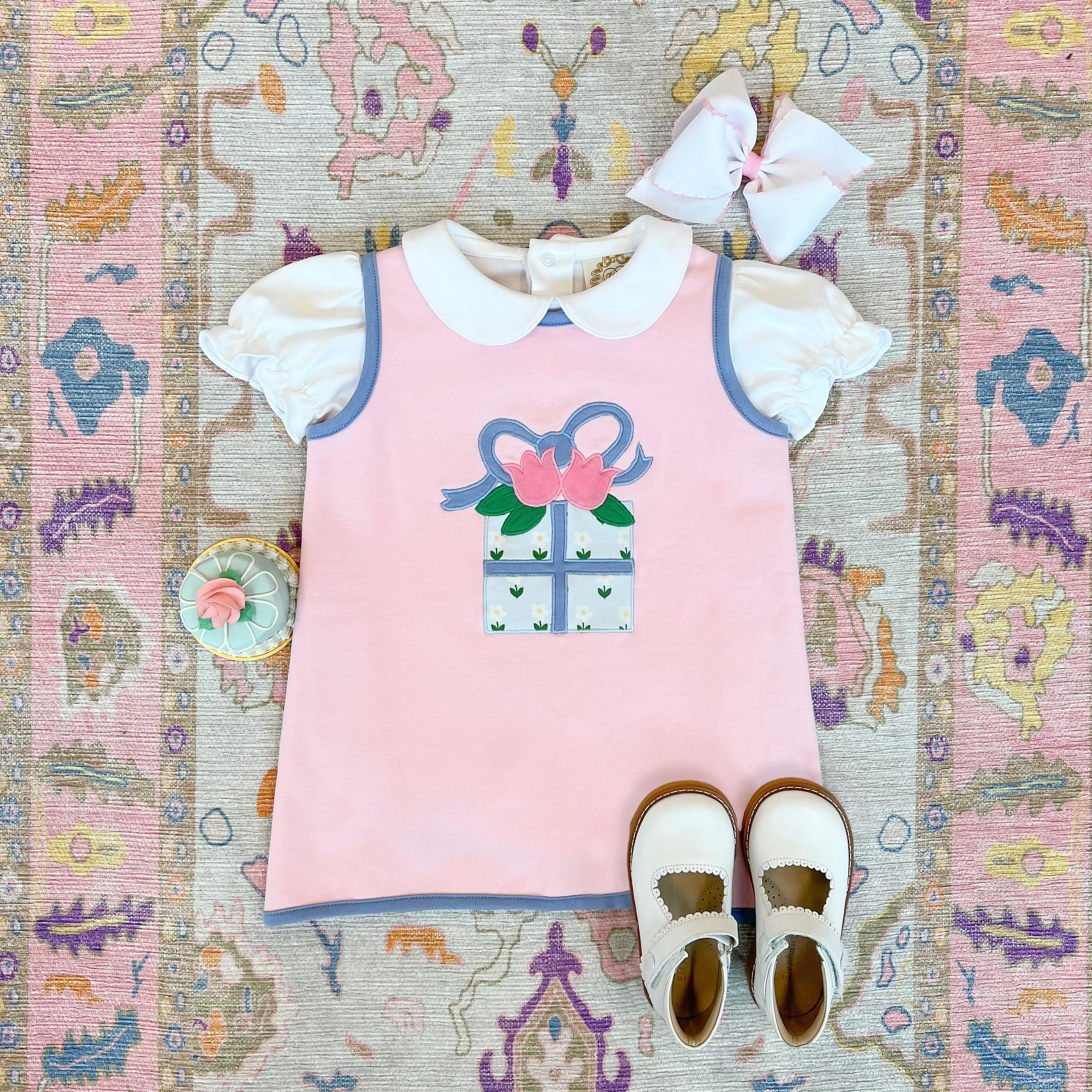 Annie Apron Dress (Knit) - Palm Beach Pink with Gift Applique