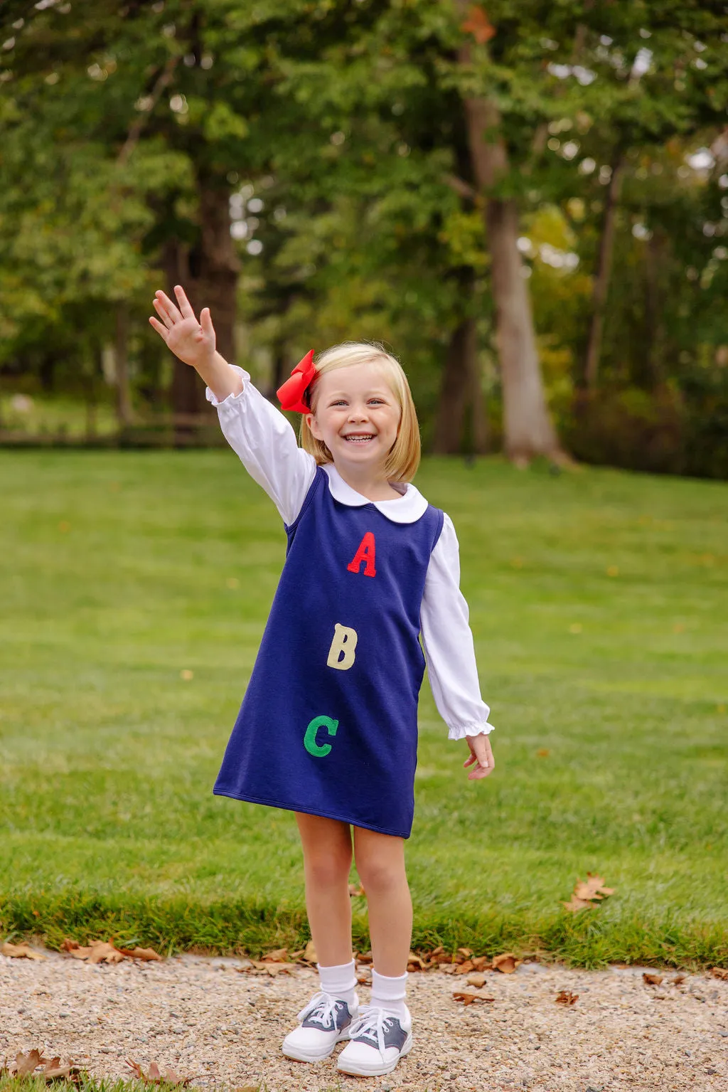 Annie Apron Dress - Nantucket Navy with ABC Applique