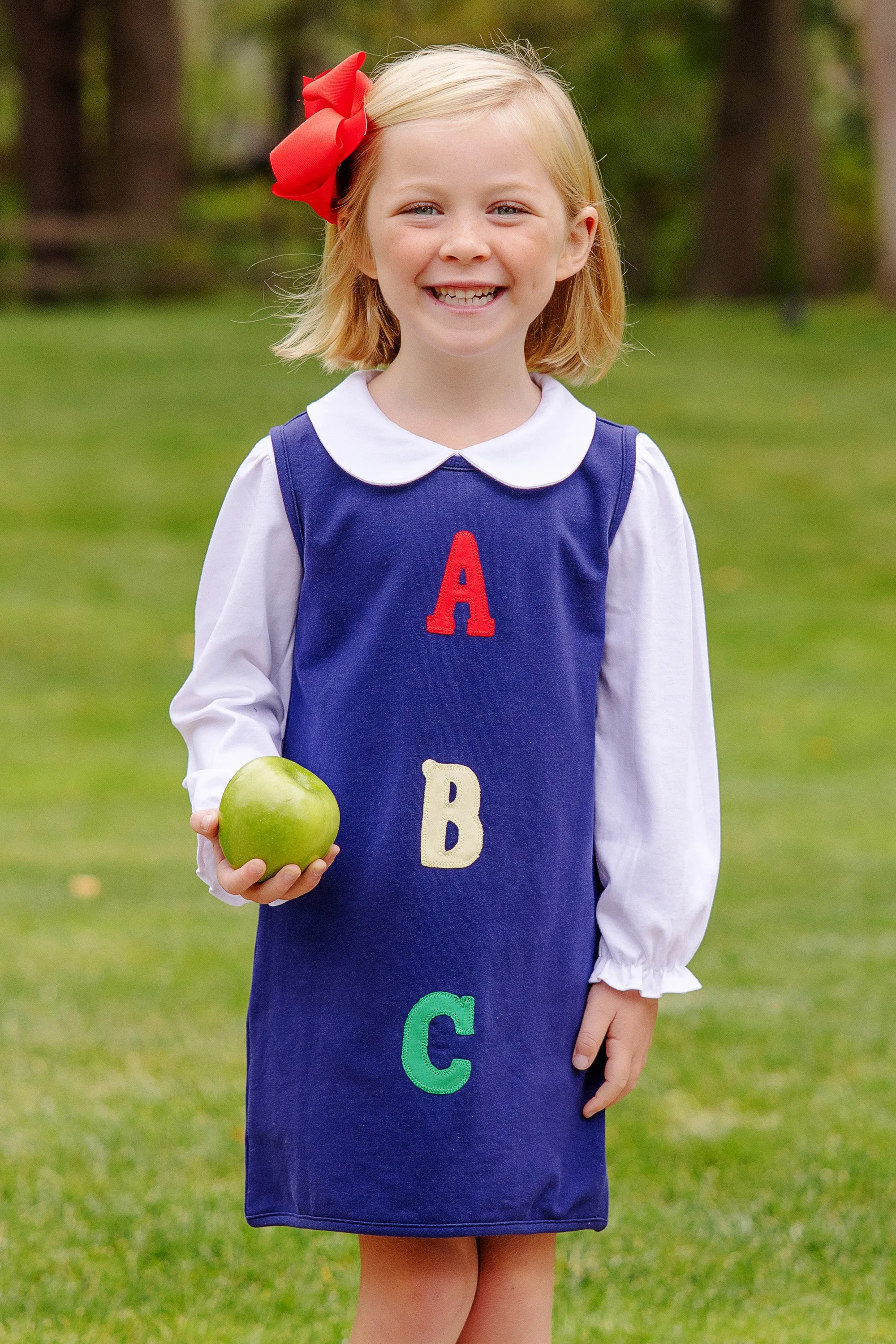 Annie Apron Dress - Nantucket Navy with ABC Applique