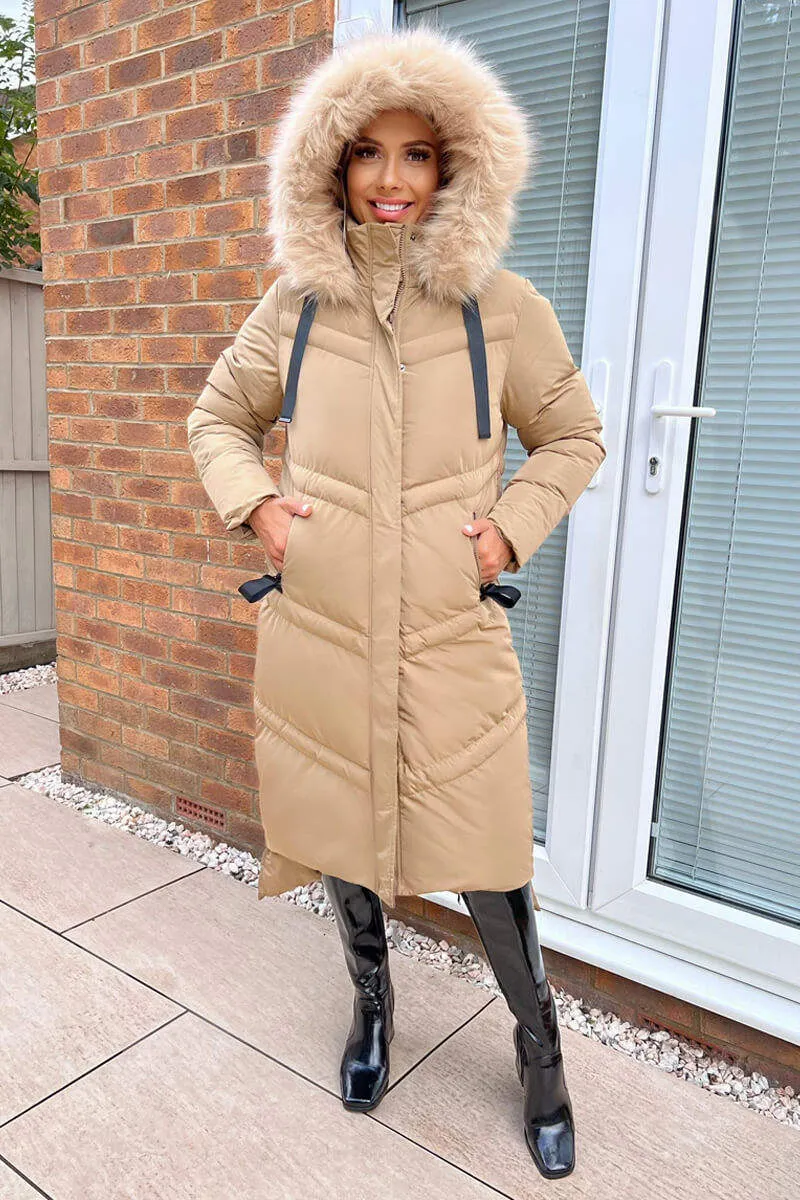 AX Paris Biscuit Faux Fur Trim Hooded Puffer Coat
