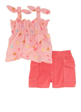 Baby Girls 12-24M Butterfly Print Tie Strap Top and Cargo Shorts