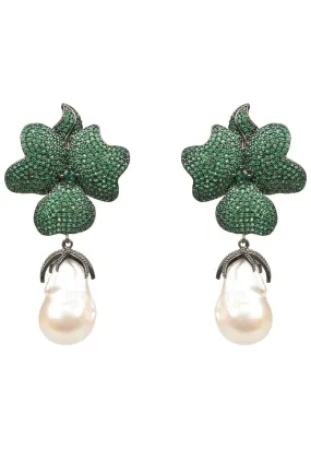 Baroque Pearl Green Flower Drop Earring Oxidised