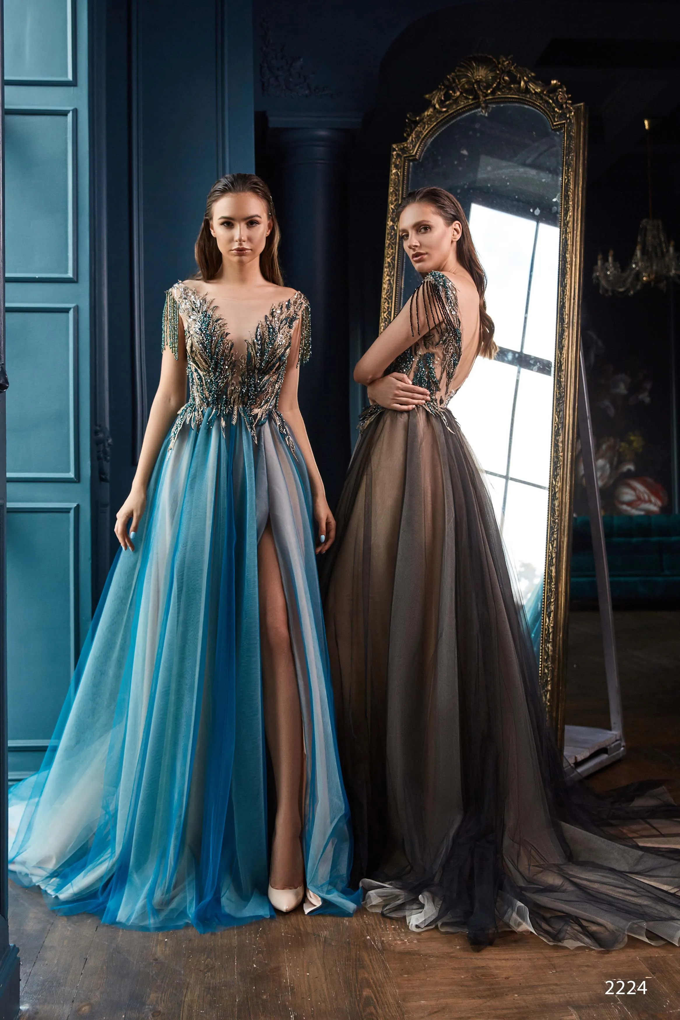Beaded Fringe Ball Gown with Leaf Motif and Open Back