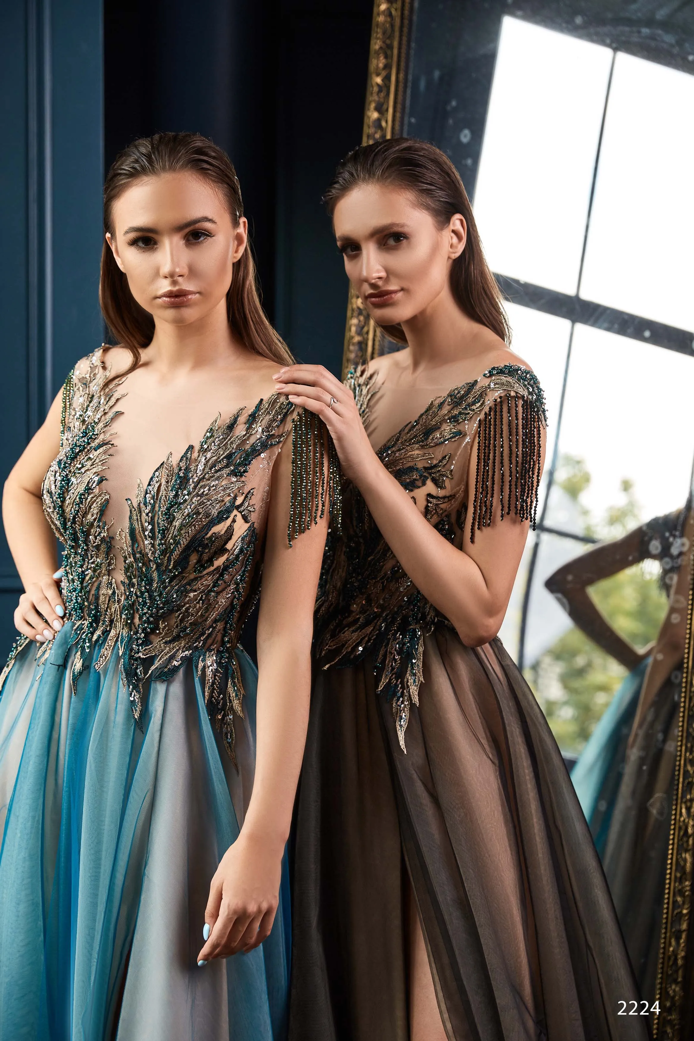 Beaded Fringe Ball Gown with Leaf Motif and Open Back