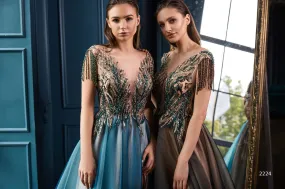 Beaded Fringe Ball Gown with Leaf Motif and Open Back