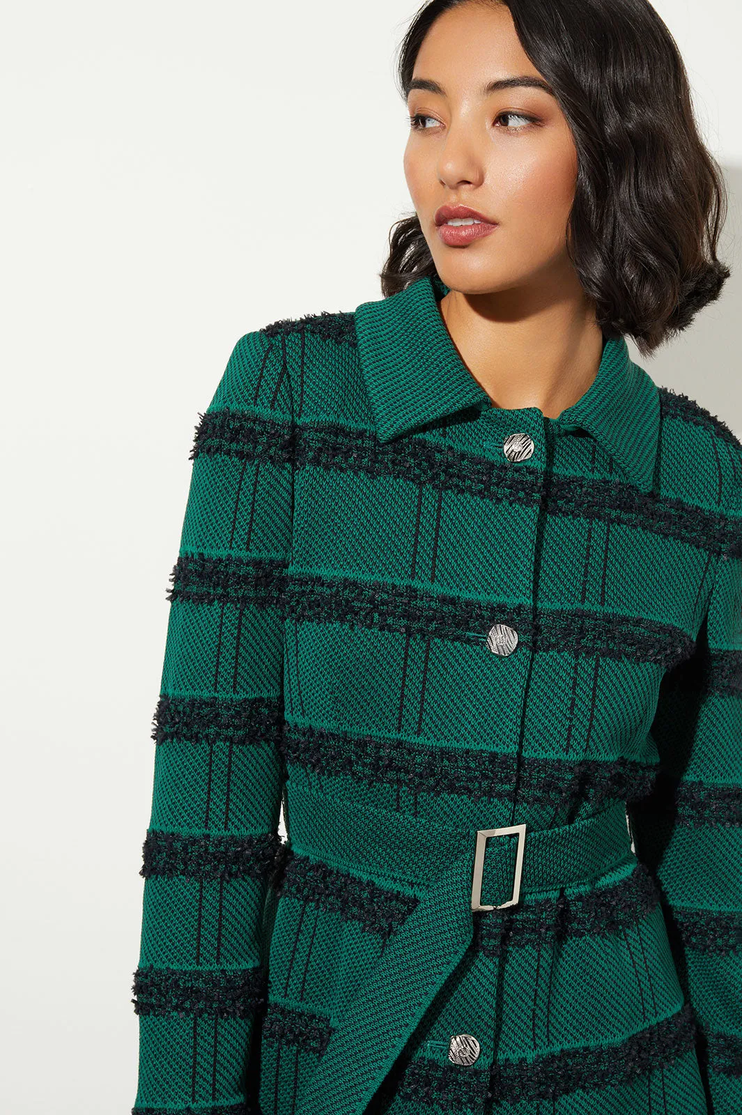Belted Button-Front Stripe Tweed Jacket
