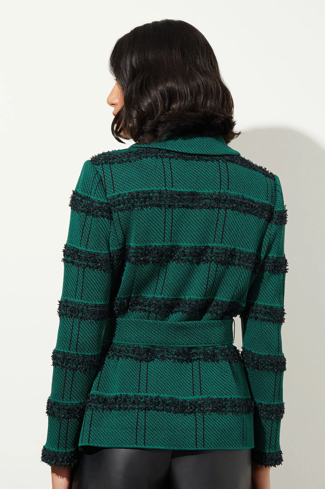 Belted Button-Front Stripe Tweed Jacket