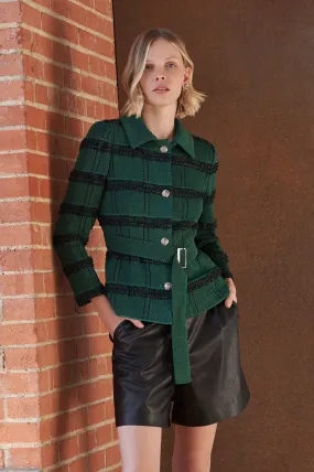 Belted Button-Front Stripe Tweed Jacket