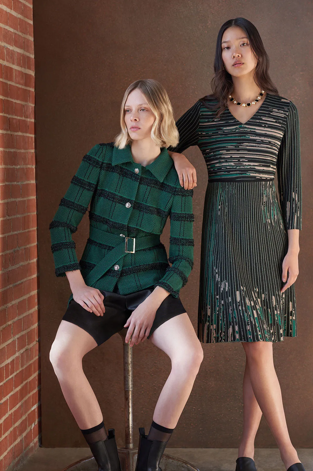 Belted Button-Front Stripe Tweed Jacket