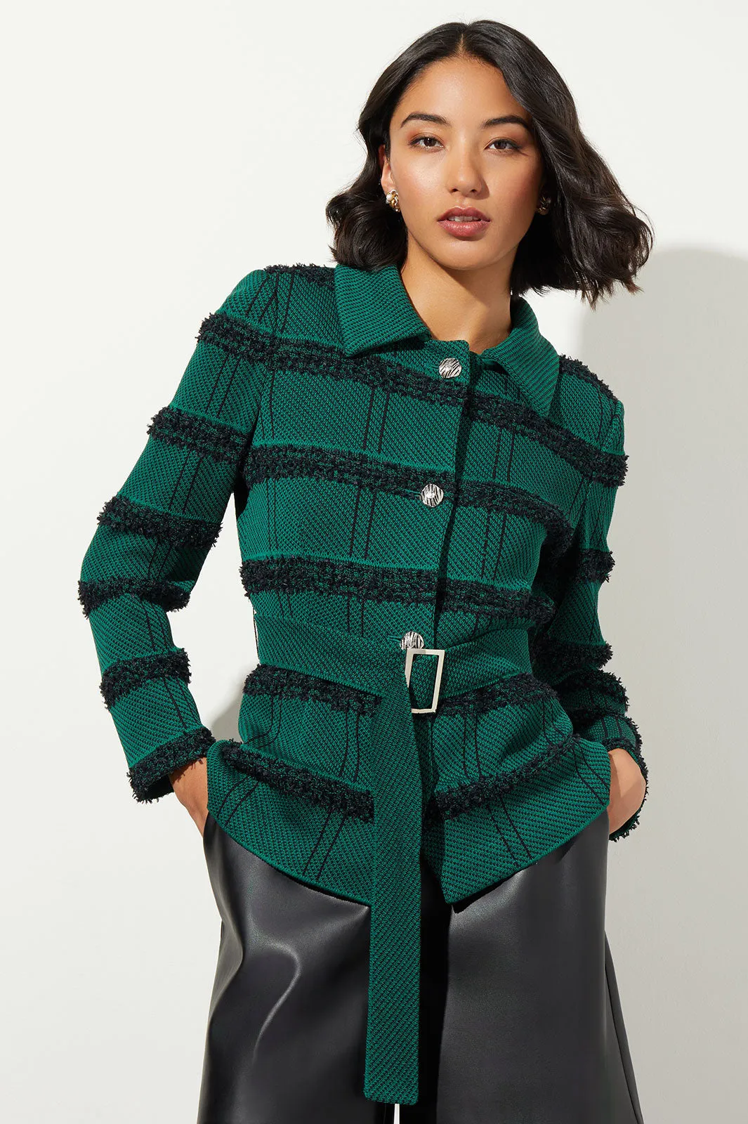 Belted Button-Front Stripe Tweed Jacket