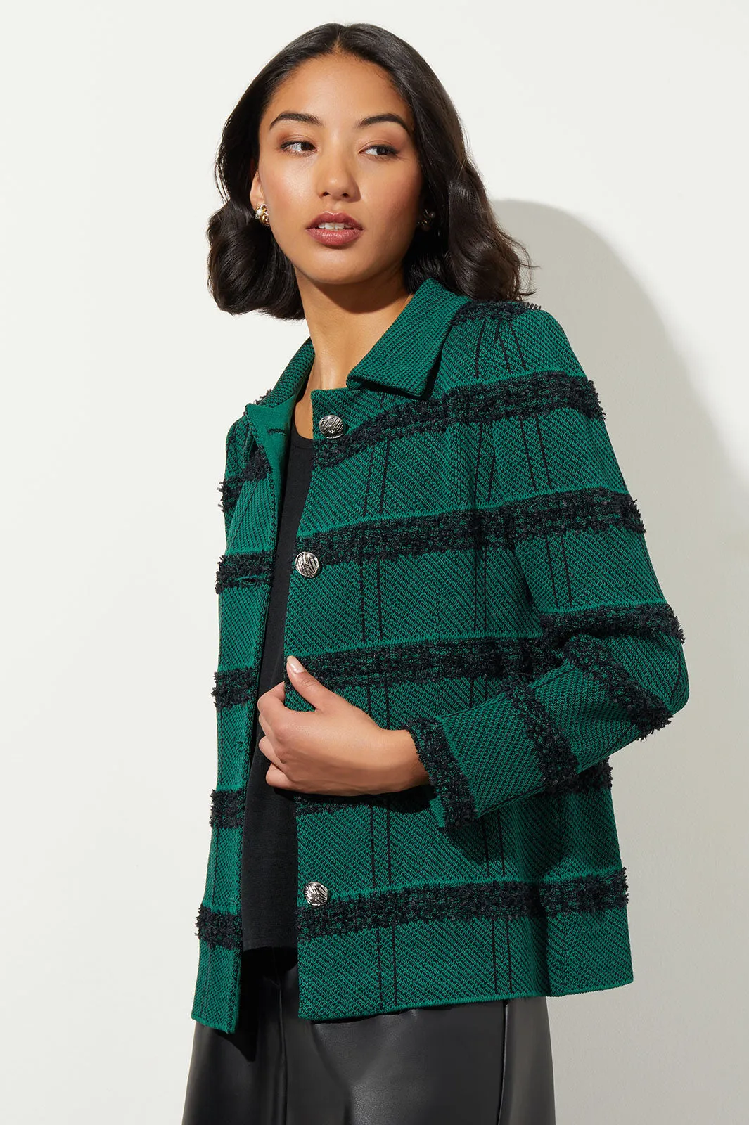 Belted Button-Front Stripe Tweed Jacket