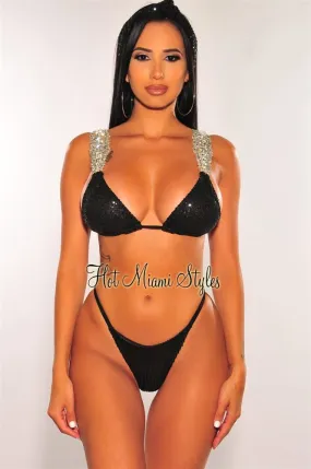 Black Sequins Jeweled Padded Scrunch Butt Bikini   Headband Bottom