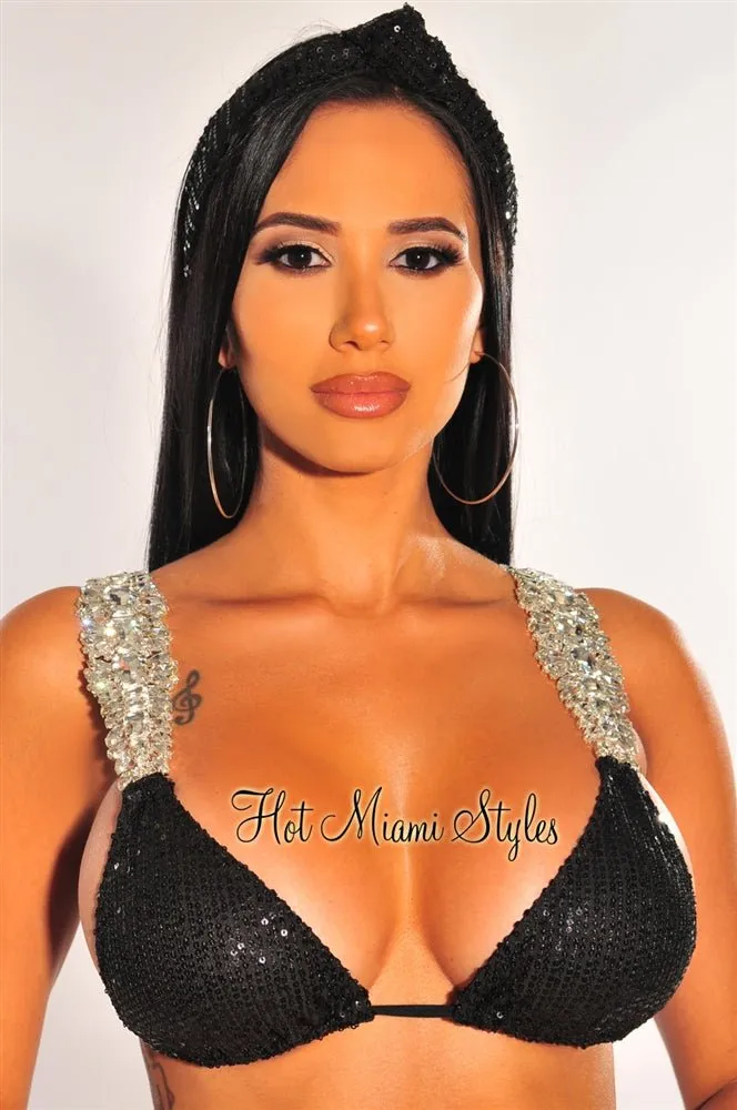 Black Sequins Jeweled Padded Scrunch Butt Bikini   Headband Bottom