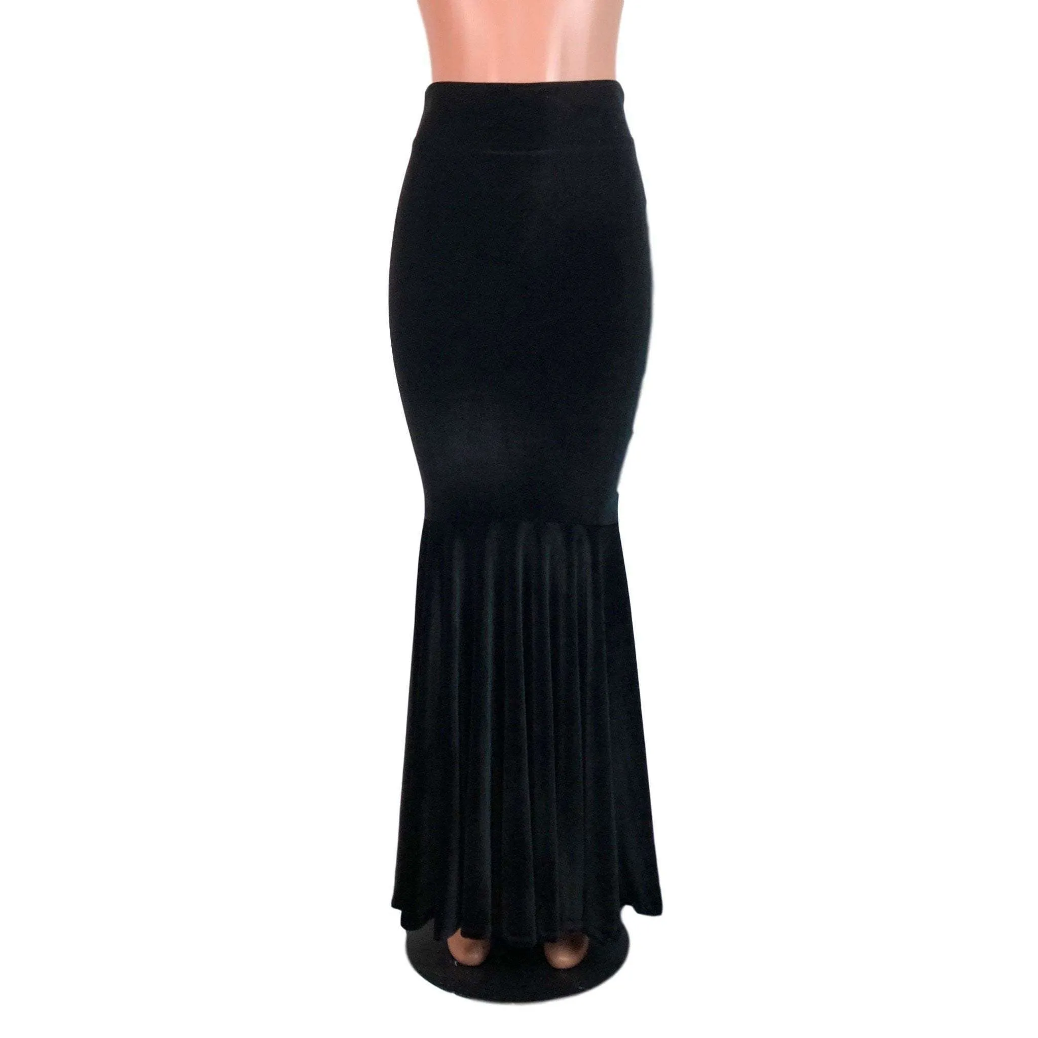 Black Velvet Morticia Outfit - Mermaid Long Fit n Flare Skirt and Cap Sleeve Crop Top