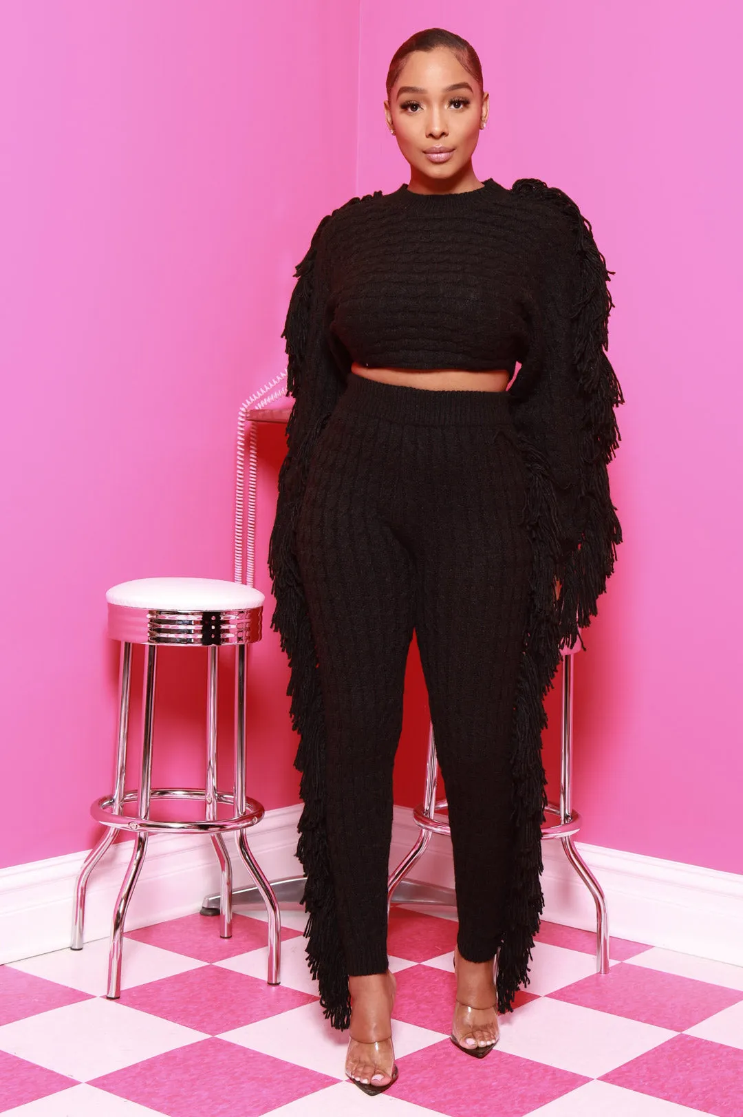 Calm Thick Knit Fringe Pants Set - Black