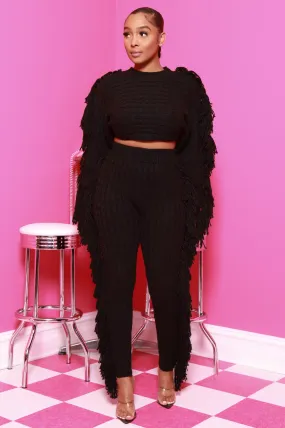 Calm Thick Knit Fringe Pants Set - Black
