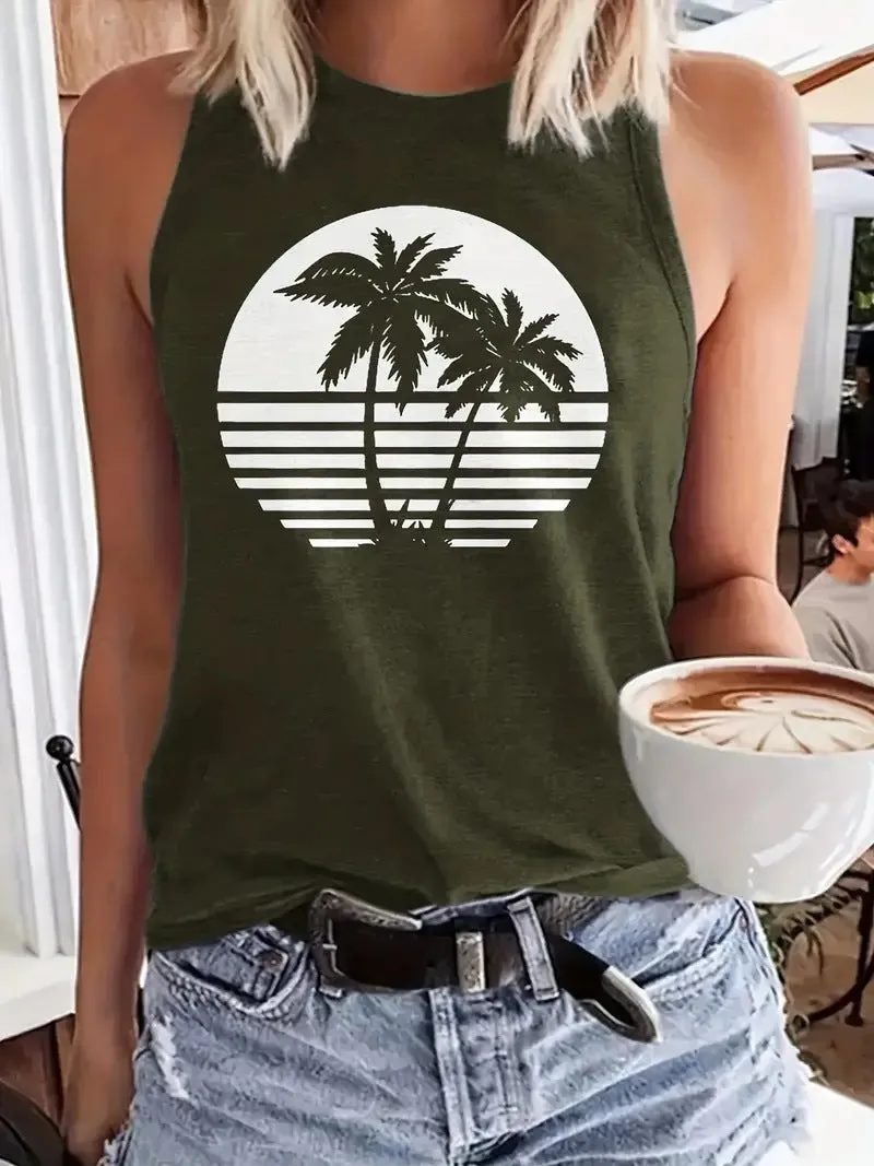 Casual Coconut Tree Print Crew Neck Sleeveless T-Shirt Wholesale Womens Tops