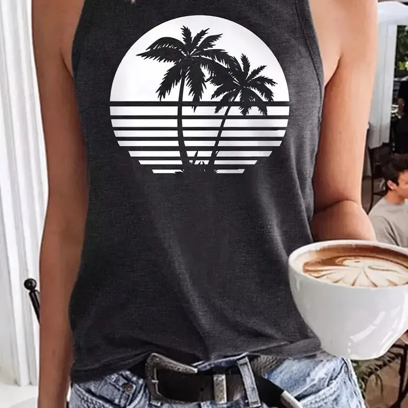 Casual Coconut Tree Print Crew Neck Sleeveless T-Shirt Wholesale Womens Tops