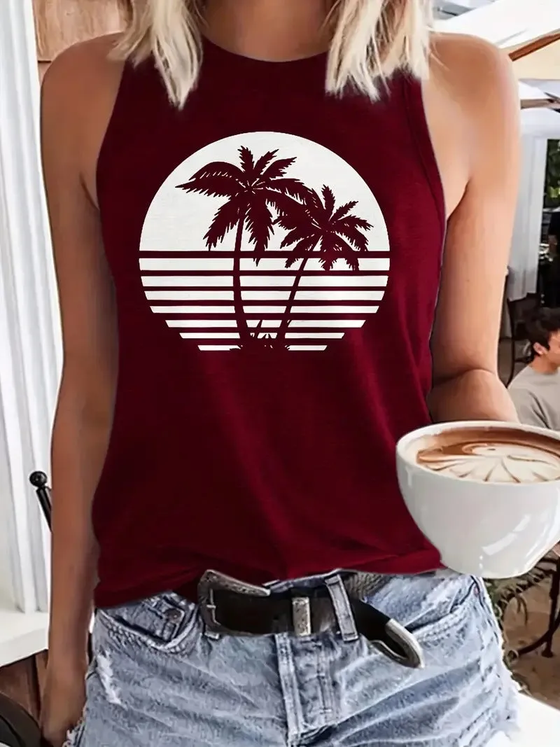 Casual Coconut Tree Print Crew Neck Sleeveless T-Shirt Wholesale Womens Tops
