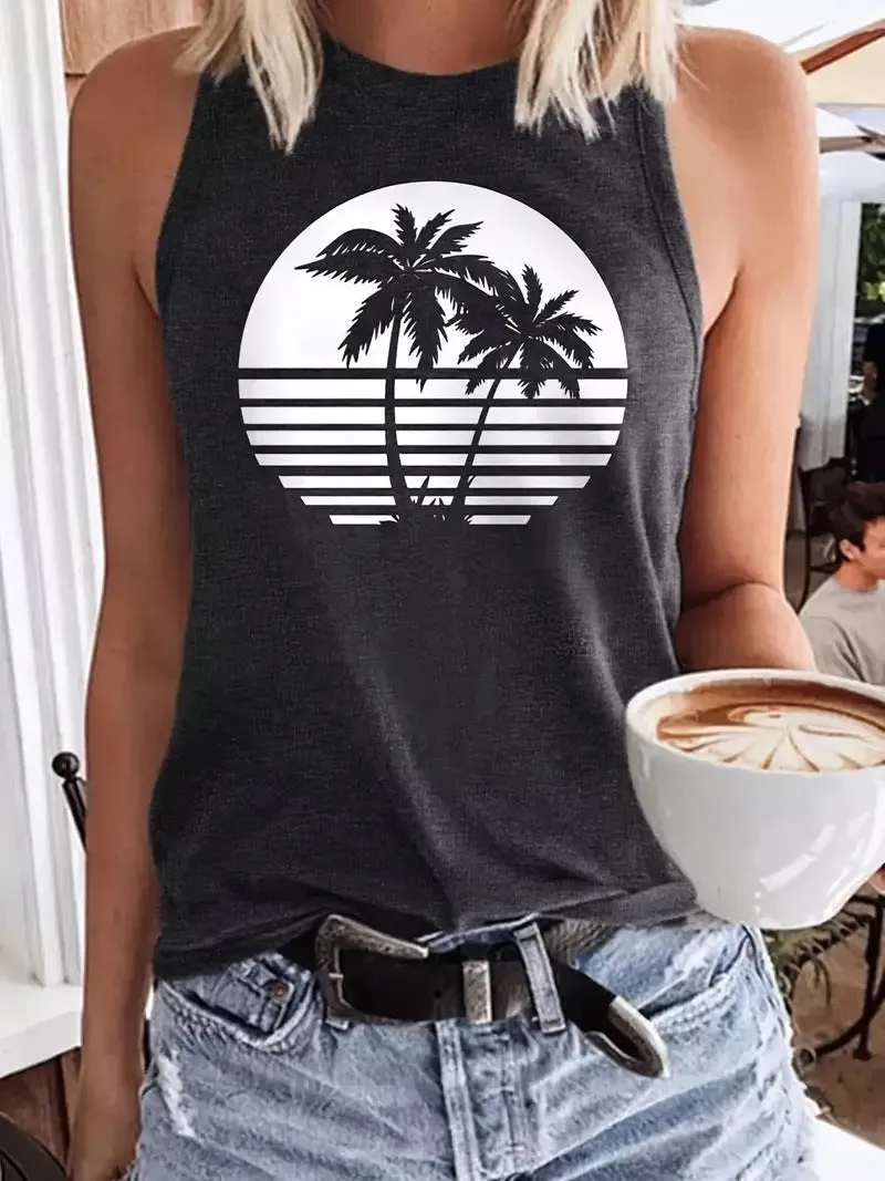 Casual Coconut Tree Print Crew Neck Sleeveless T-Shirt Wholesale Womens Tops