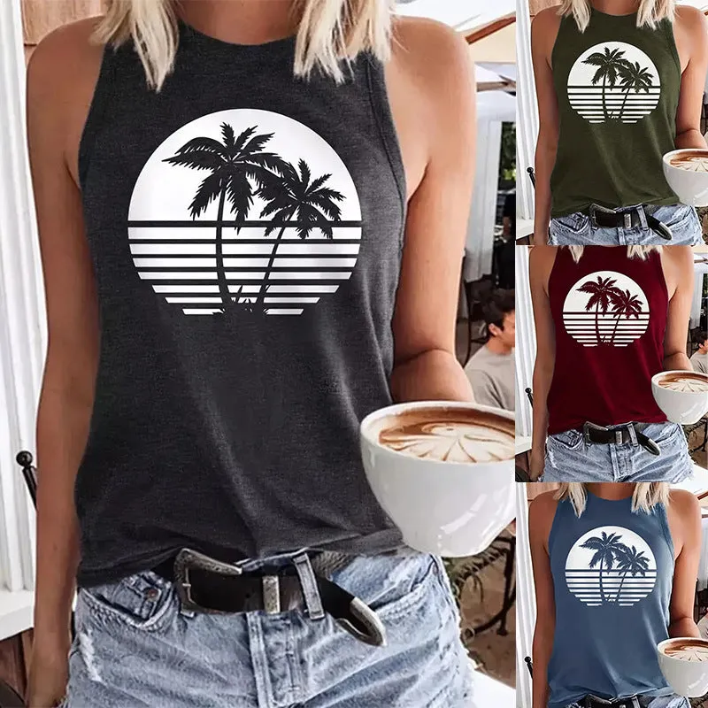 Casual Coconut Tree Print Crew Neck Sleeveless T-Shirt Wholesale Womens Tops
