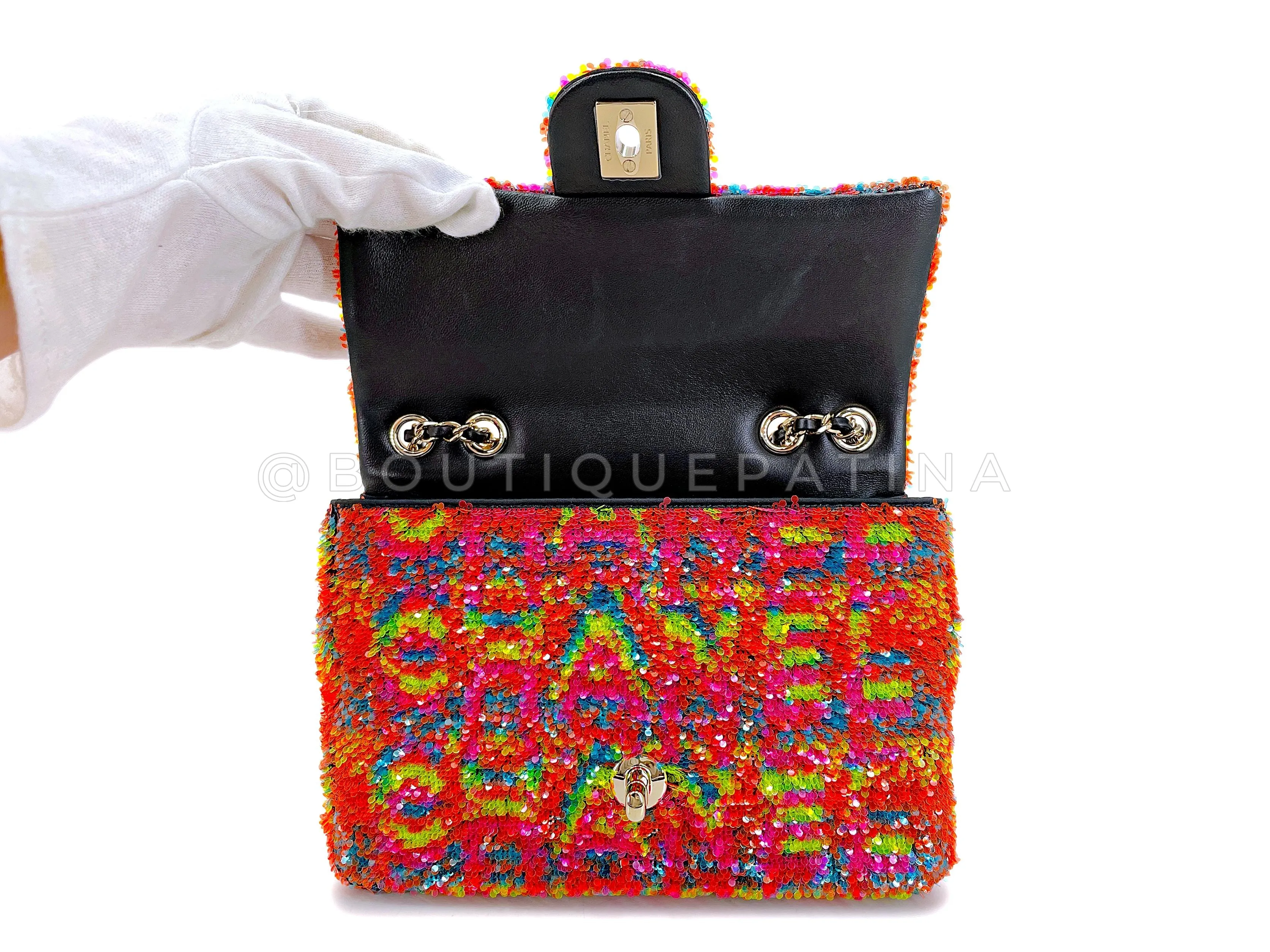 Chanel 2021 Iconic Rainbow Letter Sequin Orange Rectangular Mini Flap Bag GHW